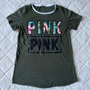 Victoria's Secret PINK | Olive & Tropical Print Logo Crew Neck Tee | Size Large